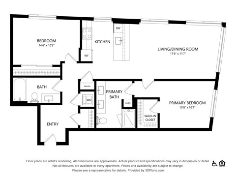 Floor plan for 2 beds, 2 baths, 1100 sqft